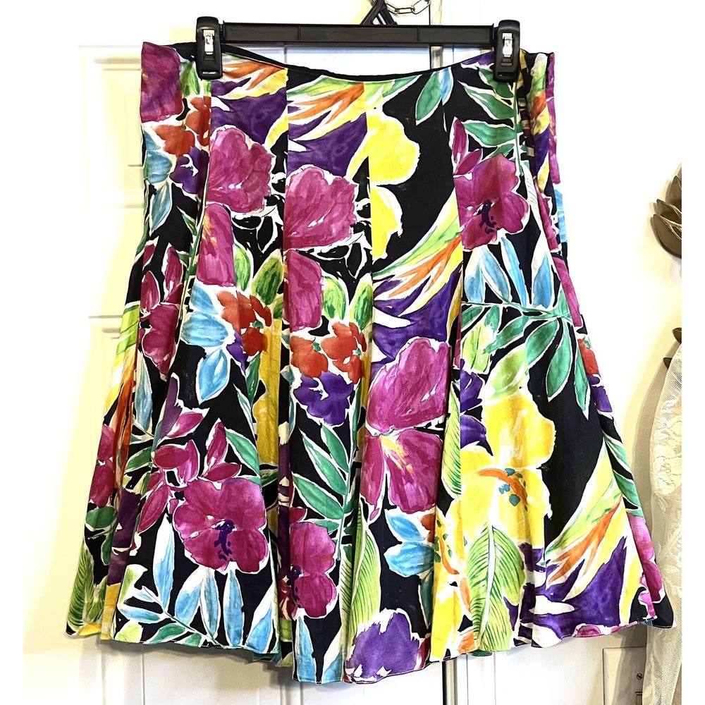 Vintage Ralph Lauren Floral A-Line Midi Skirt Sz 16 Black Multi Tropical Cotton